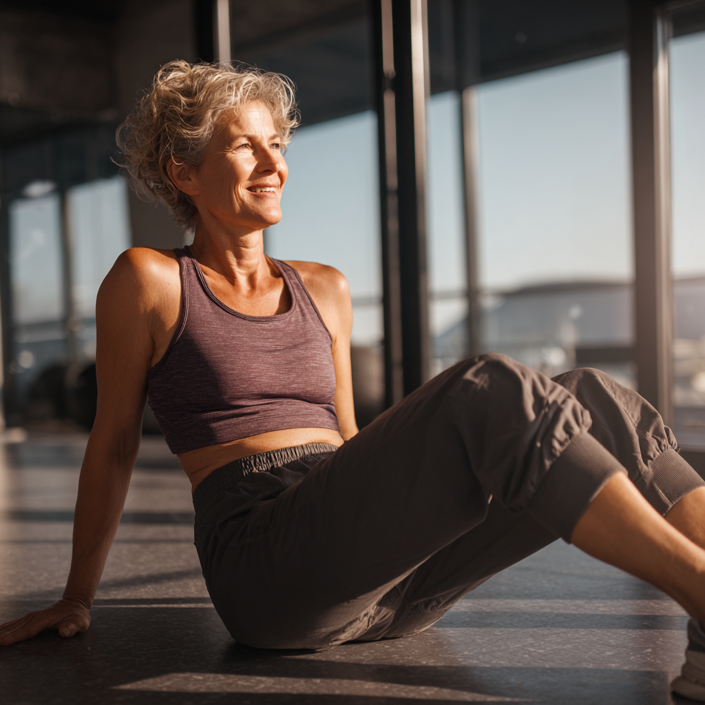 Happy Ukrainian adults of various ages exercising together in a modern fitness facility, showing diverse workout activities and genuine smiles